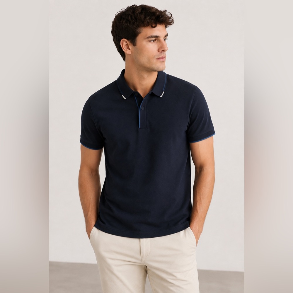 Club Monaco Men's Small Navy Blue Polo Shirt Cotton Stretch Contrast Trim S